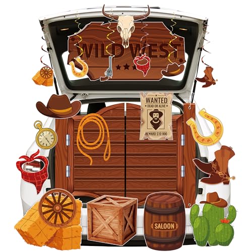 Aodaer 18-teiliges Halloween-Autodekorationsset für Kofferraum oder Leckereien, Wilder Westen, Cowboy-Kofferraum oder Leckerli-Torbogen, Garagendekoration mit Banner, Wirbelkarten für von Aodaer