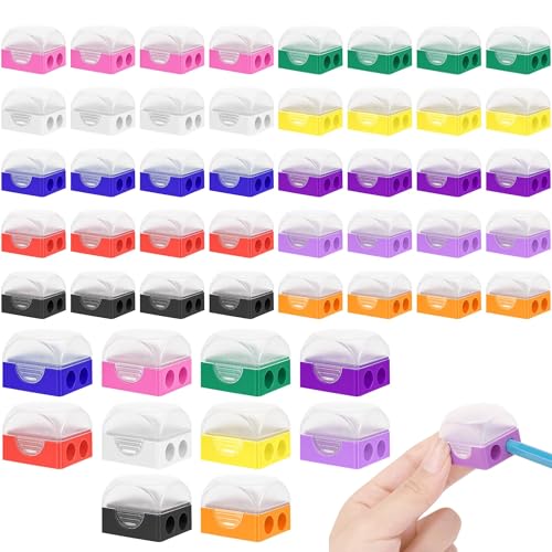 Aodaer 60 Stück Bleistiftspitzer, manuelle Doppellöcher, Bleistiftspitzer mit Deckel, Handheld, farbige Bleistiftspitzer, Großpackung für Klassenzimmer, Schule, Büro, Zuhause von Aodaer