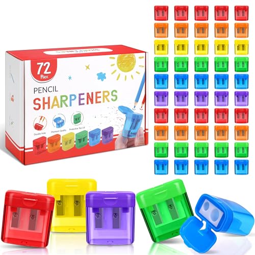 Aodaer 72 Stück Bleistiftspitzer, Doppelloch, manueller Bleistiftspitzer mit Deckel, 6 verschiedene Farben, Bleistiftspitzer für Kinder, Klassenzimmer, Schule, Heimbedarf von Aodaer