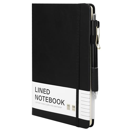 Aodaer Liniertes Notizbuch mit Stift, A5-Notizbücher, 100 g/m², College, liniert, Hardcover, Notizblock aus PU-Leder, Notizblock mit Stifthalter, für Büro, Schule, 14 x 21 cm, Schwarz von Aodaer