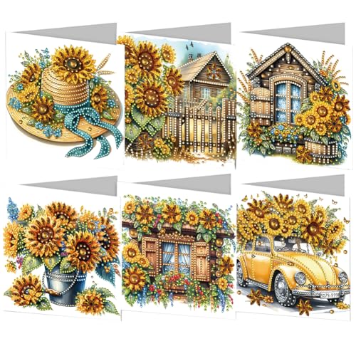 Aodejoy 6er Set Diamond Painting Muttertagskarten Grußkarten Set Blumen Diamond Painting Karten Geburtstagskarte Dankeskarte Segensgrußkarte Feiertagskarten Diamant Malerei Geschenk-Sonnenblume von Aodejoy