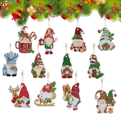 Aodejoy Diamond Painting Weihnachten Anhänger Set,12 Stück Wichtel Diamond Painting Schlüsselanhänger,DIY 5D Diamant Malerei Weihnchtswichtel Geschenkanhänger Weihnachtsbaumanhänger-Wichtel von Aodejoy