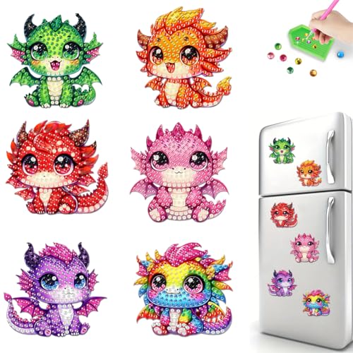 Diamond Painting Kühlschrankmagnete, 6 Stück Diamant Malerei Kühlschrankmagnet Aufkleber, DIY Diamond Painting Magnete Aufkleber für Kühlschrank Whiteboards, Pinnwand, Geschenk-Drache von Aodejoy