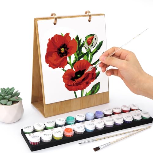 Malen Nach Zahlen Kalender 2026,DIY Tischkalender Aufstellen,Kalender Malen nach Zahlen Kit für Erwachsene,mit Pinsels,Acrylfarbe,Base,Monatskalender,für Zuhause Schule Büro,Geschenke (Blumen) von Aodejoy