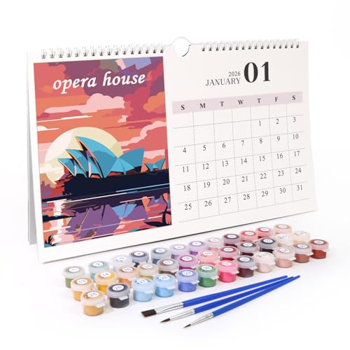 Malen Nach Zahlen Kalender 2026,DIY Tischkalender Aufstellen,Kalender Malen nach Zahlen Kit für Erwachsene,mit Pinsels,Acrylfarbe,Base,Monatskalender,für Zuhause Schule Büro,Geschenke (Landschaft) von Aodejoy