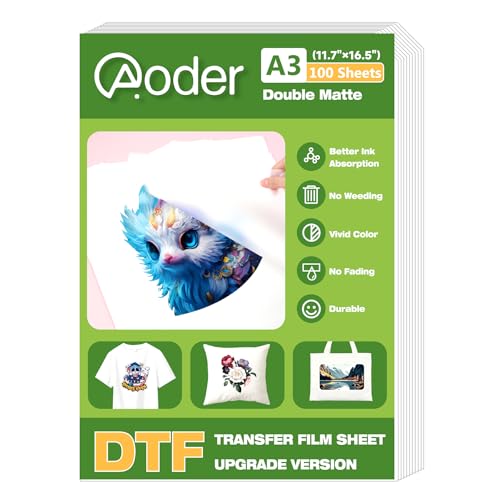 Aoder DTF-Transferfolienblätter, A3 (29 x 41 cm), doppelseitig, matt, DTF-Papier, 100 Stück (Upgrade-Version) Aoder DTF-Transferfolienblätter, A3 (29 x 41 cm), doppelseitig, matt, DTF-Papier, 100 Stück (Upgrade-Version) von Aoder