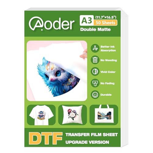 Aoder DTF Transferfolie, A3, 50 Blatt, 27,9 x 43,2 cm, doppelseitig, matte DTF-Folie, transparentes PreTreat PET-Transferpapier für T-Shirts, Textil, Kaltabziehung für Epson-Tintenstrahldrucker Aoder DTF Transferfolie, A3, 50 Blatt, 27,9 x 43,2 cm, doppelseitig, matte DTF-Folie, transparentes PreTreat PET-Transferpapier für T-Shirts, Textil, Kaltabziehung für Epson-Tintenstrahldrucker von Aoder