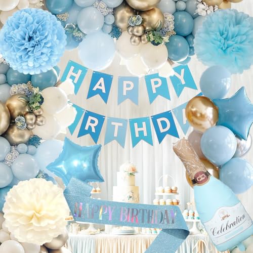 Geburtstagsdeko Blau - Geburtstagsdeko Junge Frauen Mann,Deko Geburtstag Babyblau Weiß Gold Party Deko Luftballons, Deko Geburtstag mit Papierbommeln, Happy Birthday Banner,Sash Geburtstagsdeko Blau - Geburtstagsdeko Junge Frauen Mann,Deko Geburtstag Babyblau Weiß Gold Party Deko Luftballons, Deko Geburtstag mit Papierbommeln, Happy Birthday Banner,Sash von Aodmti