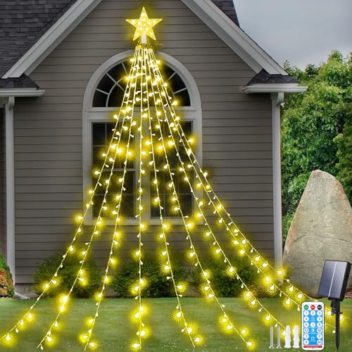 Aofonchy Solar Lichterkette Weihnachtsbaum, 2M x 9 Stränge 198 LED USB Lichterkette mit Stern, Wasserdichte Weihnachtsbeleuchtung mit 8 Leuchtmodi & Fernbedienung für Weihnachtsbaum dekoration von Aofonchy