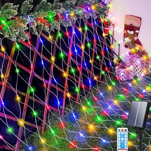 Aofonchy Solar Lichternetz Außen, 1.5 * 1.5M 96LED Lichternetz, Wasserdichte Lichterkettennetz, 8 Modi Lichterketten mit Fernbedienung & Timer, Mesh Lichterkette für Weihnachten Hochzeit Büsche von Aofonchy