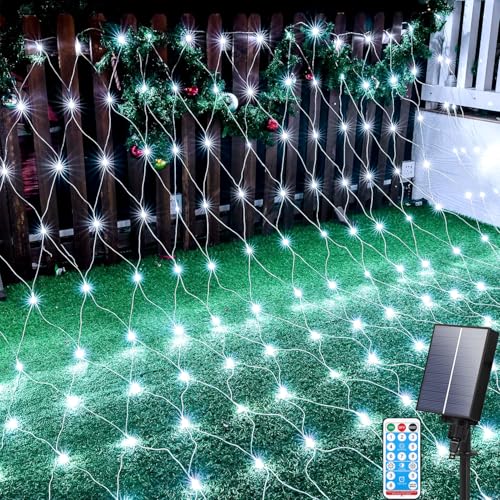 Aofonchy Solar Lichternetz Außen, 1.5 * 1.5M 96LED Lichternetz, Wasserdichte Lichterkettennetz, 8 Modi Lichterketten mit Fernbedienung & Timer, Mesh Lichterkette für Weihnachten Hochzeit Büsche von Aofonchy