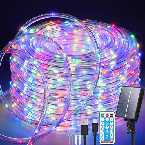 Solar Lichtschlauch Lichterkette Außen 20M 200LEDs Wetterfest Solar Lichterkette Seilleuchten mit 8 Modi & Fernbedienung, USB Schlauch Lichterketten für Garten Terasse Hochzeit Weihnachten von Aofonchy