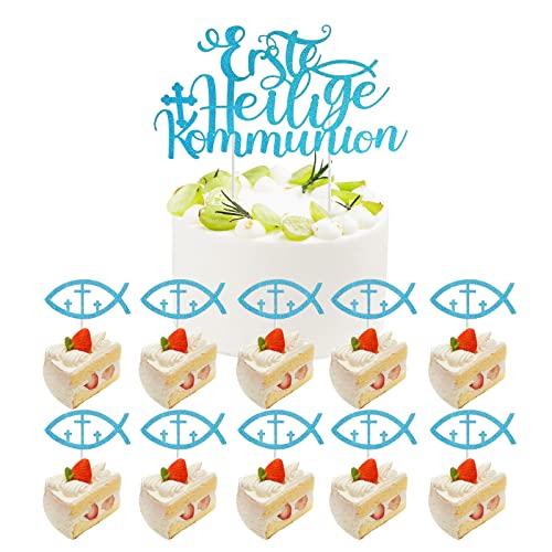 Aohcae Erste Heilige Kommunion Topper, 24 Pcs Fische Cake Toppers Cake Topper Kommunion Kommunion Deko Tortendeko Kommunion für Junge Mädchen (Blau) von Aohcae