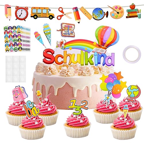 Aohcae Tortendeko Einschulung，Einschulung Tortendek 11 Stück Tortendeko Schulanfang+1 Stück Schuleröffnung zum Herausziehen + 10 Stück Aufkleber Cupcake Topper Schulanfang von Aohcae