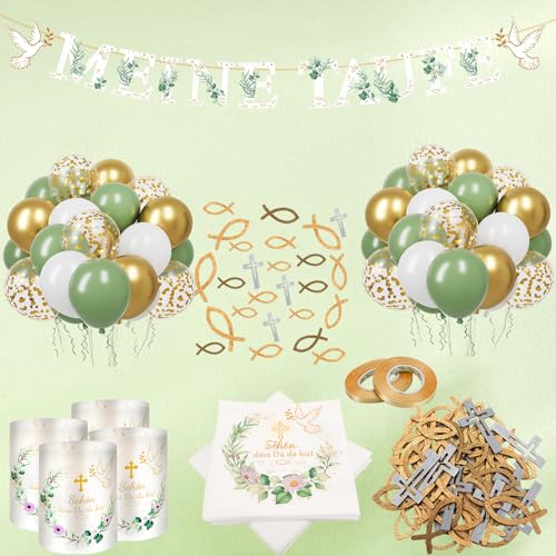 Tauf Deko Junge Mädchen Dekotaufe,Taufe Dekoration, Taufdeko Set, Meine Taufe Girlande, Tauf Luftballons Servietten Taufdeko und mehr,Ideal für Jungen und Mädchen mit Spruch Schön dass Du da bist von Aoiuenok
