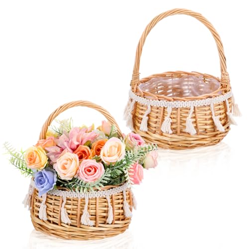 2 Stück Boho Blumenmädchen-Körbe, kleiner Weidenkorb mit Griff – Korb für Blumen, handgewebte Weiden-Rattan-dekorative Körbe für Hochzeit, Heimdekoration, Geschenke (22,6 x 16,2 x 16,29 cm) von AojSup