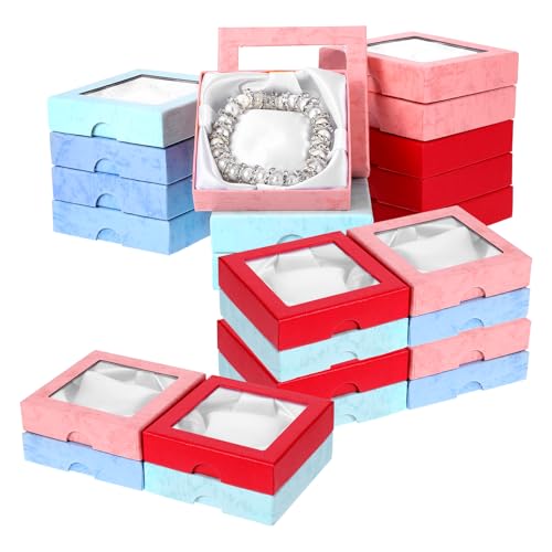 24 Stück kleine Schmuck-Geschenkboxen mit Deckel – Karton-Schmuckschatullen Großpackung, 8,9 x 8,9 x 1,9 cm, quadratisches Sichtfenster für Ringe, Halsketten, Armbänder, Ohrringe, Display (rot, lila 24 Stück kleine Schmuck-Geschenkboxen mit Deckel – Karton-Schmuckschatullen Großpackung, 8,9 x 8,9 x 1,9 cm, quadratisches Sichtfenster für Ringe, Halsketten, Armbänder, Ohrringe, Display (rot, lila von AojSup