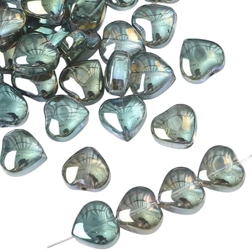 1 Packung mit 20 grünen herzförmigen Perlen, 10 mm, lose Glasperlen, schillernde Glasperlen in Herzform zum Basteln von Schmuckherstellung von Aoktorkit