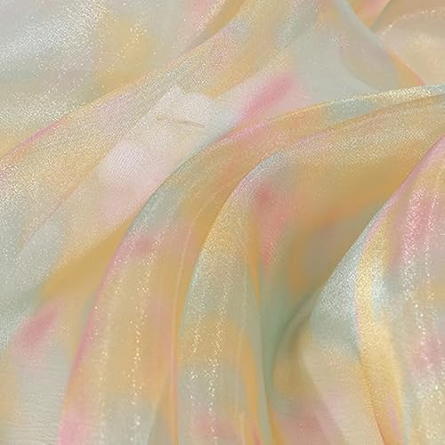 1 m schillernder Farbverlauf, Organza-Polyester-Stoff, 1,42 m, schillernder, holografischer Gaze-Stoff für Bühnenkostüm, Gelb und Grün von Aoktorkit