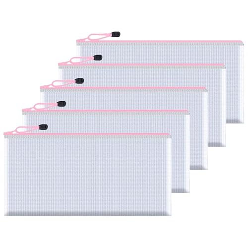 5 x Kunststoff-Dokumententaschen mit Reißverschluss, 22 x 11 cm, Netzstoff, Dokumentenmappen, Druckverschlussbeutel für Schule, Bürobedarf, Rosa von Aoktorkit