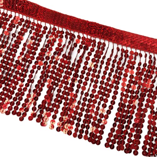 Pailletten-Fransenbordüre, 15 cm x 91 cm, rot, glitzernde Fransenborte, Quastenband von Aoktorkit