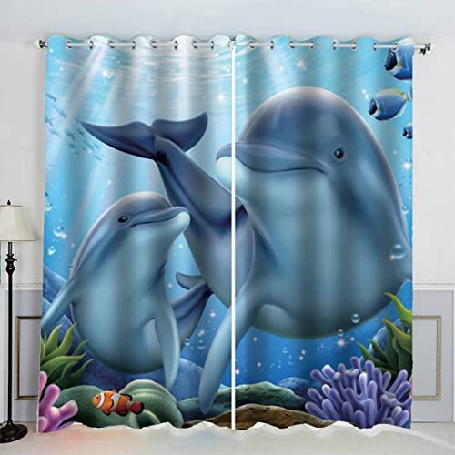 Blickdichte Gardinen Kinderzimmer Vorhänge Delfin Blaue Meerestiere Verdunkelungsvorhang Lichtundurchlässige Vorhang mit Ösen 3D Polyester Vorhänge 150 x 166 BxH von Aolity