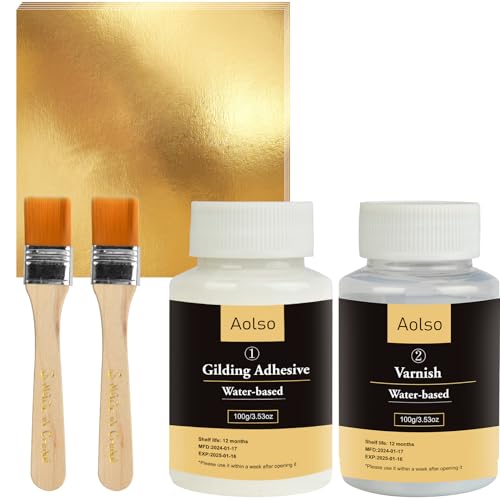 Aolso Blattgold Kleber Set, 100 ml wasserbasierter Metallblattkleber und 100 ml Lack zum Basteln, Blattgoldblätter 100 Stück mit 2 Pinsel, zum Basteln, Malen und professionellen Bastelgebrauch Aolso Blattgold Kleber Set, 100 ml wasserbasierter Metallblattkleber und 100 ml Lack zum Basteln, Blattgoldblätter 100 Stück mit 2 Pinsel, zum Basteln, Malen und professionellen Bastelgebrauch von Aolso
