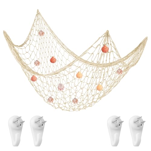 Aolso Fischerei Dekorative, 200×100 cm Wand Deko im Mittelmeerstil Baumwollseil Fotowand für Room Decoration, Strand Themendekoration für Party, Fotonetz im mediterranen Stil(Cremeweiße-Muscheln) von Aolso