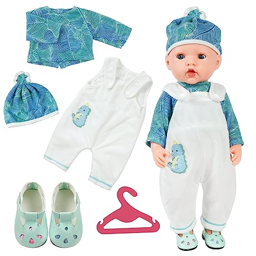 Aolso Kleidung Outfits für Baby Puppen, Puppenkleidung = Grün Langarm+Weiß Hose+ Hut+1 Paar Schuhe+Kleiderbügel, Puppe Zubehör für Baby Puppen 35-45 cm von Aolso