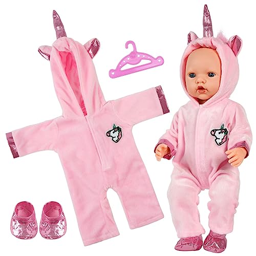 Aolso Kleidung Outfits für Baby Puppen, Puppenkleidung=Rosa Einhorn Bodysuit mit Kapuze+Socke+Zufällige Aufhänger, Puppe Zubehör für Baby Puppen 35-45 cm von Aolso