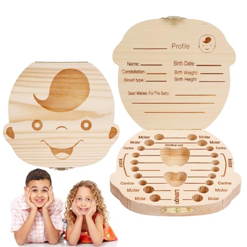 Aolso Milchzahndose Holz, Milchzahndose Mädchen & Jungen, Zahnbox für Milchzähne aus Holz mit Namen zum Aufstellen, Zahndose für Zahnfee Geschenke mit Display Funktion (Baby Jungen-Form) von Aolso