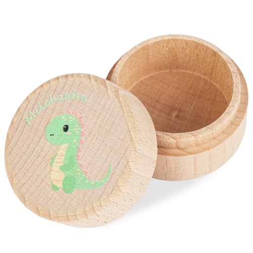 Aolso Milchzahndose Holz, Milchzahndose Mädchen & Jungen, Zahnbox für Milchzähne aus Holz mit Namen zum Aufstellen, Zahndose für Zahnfee Geschenke mit Display Funktion (Dinosaurier) von Aolso