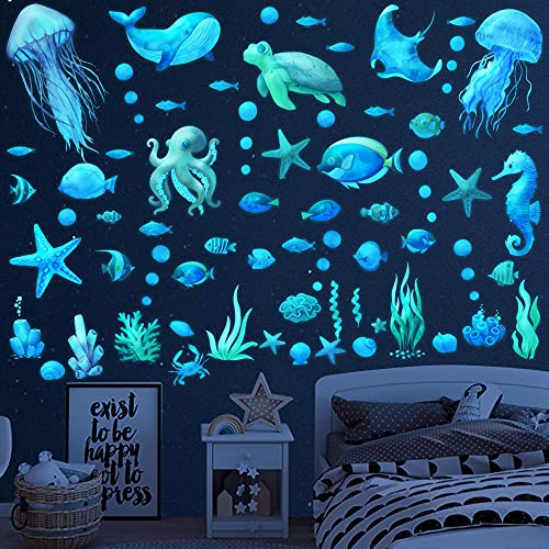 Wandtattoo Badezimmer Unterwasserwelt Meer Sticker Wandsticker Fische Selbstklebend Leuchtsterne Kinderzimmer Jungen Fluoreszierende Wand Aufkleber Deko für Kinder Babyzimmer Schlafzimmer Wohnzimmer von Aomaic