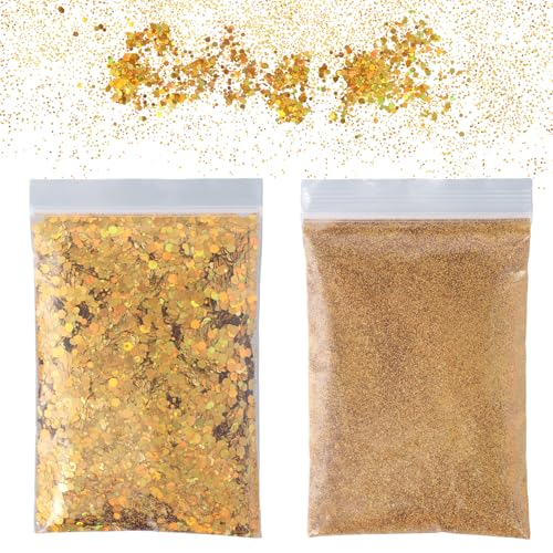 100g Glitzerpulver, Glitzer Basteln, Glitzer Gold Bastelmaterial, Gold Glitzerpulver 50g Fein/50g Pailletten, Pulver Glitzer Zum Dekorieren FüR Nagelkunst, Masquerade, Handwerk von Aomhrek