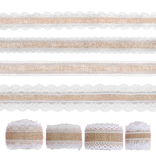 4 Rollen 2 m Juteband Dekoband, Jute Band Natürlich, Spitzenband Weiß Vintage für Dekorieren Sie Geschenke, Weihnachtsbäume, Kuchen, Hochzeiten von Aomhrek