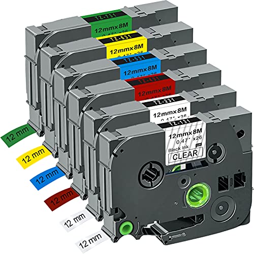 Aomya 6 Pack 12mm P-Touch Color Label Tape Compatible for BRO TZe-131 TZe-231 TZe-431 TZe-531 TZe-631 TZe-731 Standard Laminated 1/2 Inch (12mm) x 26.2 Feet (8m) von Aomya
