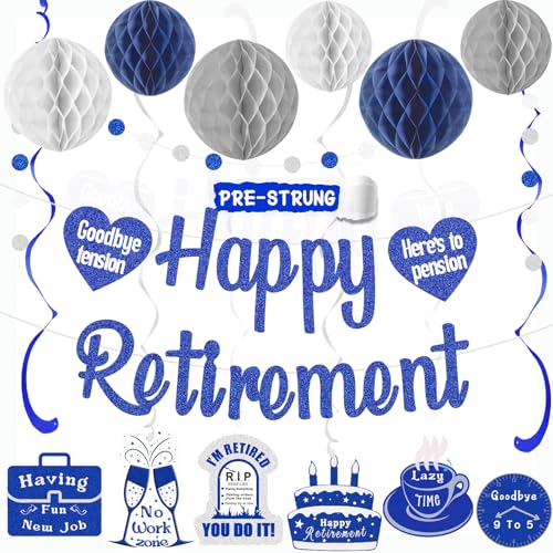Aonor Marineblaue Partydekorationen für den Ruhestand, vorbespannt, Happy Retirements Banner mit Wabenbällen, hängende Wirbel, Kreispunkte Girlande für Happy Retirement Dekorationen, 21 Stück Aonor Marineblaue Partydekorationen für den Ruhestand, vorbespannt, Happy Retirements Banner mit Wabenbällen, hängende Wirbel, Kreispunkte Girlande für Happy Retirement Dekorationen, 21 Stück von Aonor