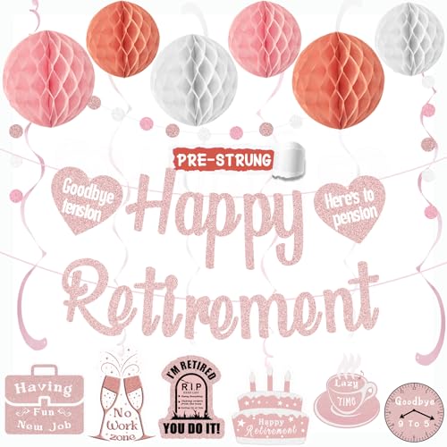Aonor Rose Gold Retirement Party Dekorationen, vorbespannte Happy Retirements Banner mit Wabenbällen, hängende Wirbel, Kreise Punkte Girlande für Happy Retirement Dekorationen 21pcs von Aonor