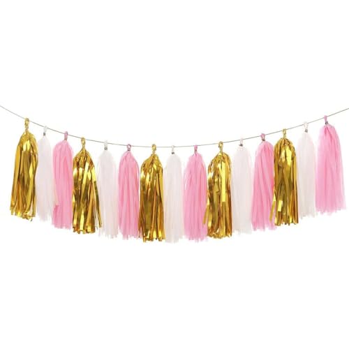 Koker Papierquasten Girlande Banner – Seidenpapier Quasten für Hochzeit, Geburtstag, Festival, Party, Wanddekoration (Metallic Gold + Pink + Weiß), 15 Stück von Aonor