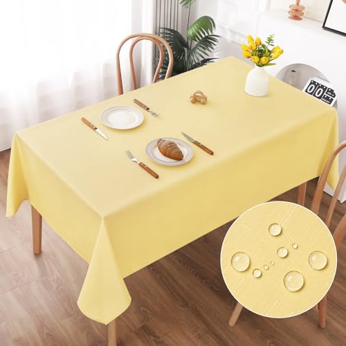 AooHome Tischdecke Abwaschbar, Gelb Tischdecken 130x160cm Leinen-Optik Tischtuch aus Polyester Wasserabweisend mit Lotuseffekt, Dauerhaft Kratzfest für Wohnzimmer, Esszimmer, Balkon, Garten von AooHome