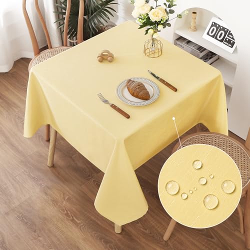 AooHome Tischdecke Abwaschbar, Gelb Tischdecken 140x140cm Leinen-Optik Tischtuch aus Polyester Wasserabweisend mit Lotuseffekt, Dauerhaft Kratzfest für Wohnzimmer, Esszimmer, Balkon, Garten von AooHome