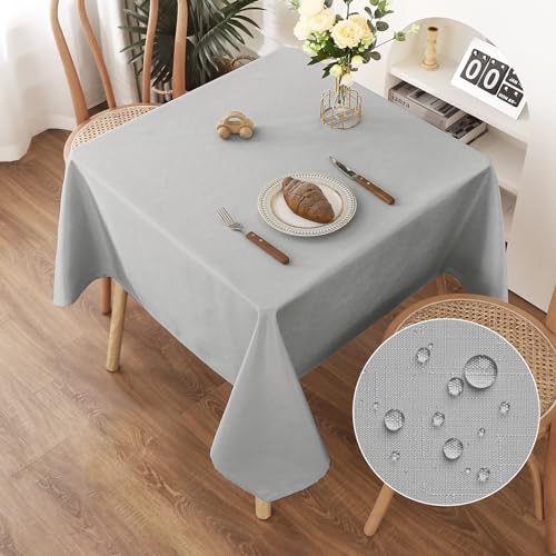AooHome Tischdecke Abwaschbar, Hellgrau Tischdecken 140x140cm Leinen-Optik Tischtuch aus Polyester Wasserabweisend mit Lotuseffekt, Dauerhaft Kratzfest für Wohnzimmer, Esszimmer, Balkon, Garten von AooHome