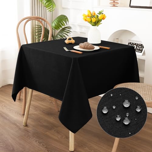 AooHome Tischdecke Abwaschbar, Schwarz Tischdecken 140x140cm Leinen-Optik Tischtuch aus Polyester Wasserabweisend mit Lotuseffekt, Dauerhaft Kratzfest für Wohnzimmer, Esszimmer, Balkon, Garten von AooHome
