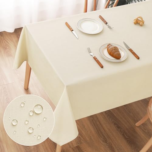 AooHome Tischdecke Abwaschbar Beige, 100x140cm Tischdecken Leinen-Optik Tischtuch aus Polyester Wasserabweisend mit Lotuseffekt, Dauerhaft Kratzfest für Wohnzimmer, Esszimmer, Balkon, Garten von AooHome