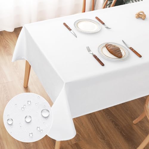 AooHome Tischdecke Abwaschbar Weiß, 140x240cm Tischdecken Leinen-Optik Tischtuch aus Polyester Wasserabweisend mit Lotuseffekt, Dauerhaft Kratzfest für Wohnzimmer, Esszimmer, Balkon, Garten von AooHome