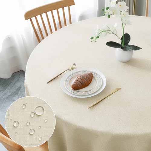 AooHome Tischdecke Rund Φ120cm, Beige Leinen-Optik Tischdecken Abwaschbar Tischtuch aus Polyester Wasserabweisend mit Lotuseffekt, Dauerhaft Kratzfest für Wohnzimmer, Esszimmer, Balkon, Garten von AooHome