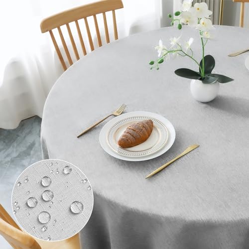 AooHome Tischdecke Rund Φ120cm, Hellgrau Leinen-Optik Tischdecken Abwaschbar Tischtuch aus Polyester Wasserabweisend mit Lotuseffekt, Dauerhaft Kratzfest für Wohnzimmer, Esszimmer, Balkon, Garten von AooHome