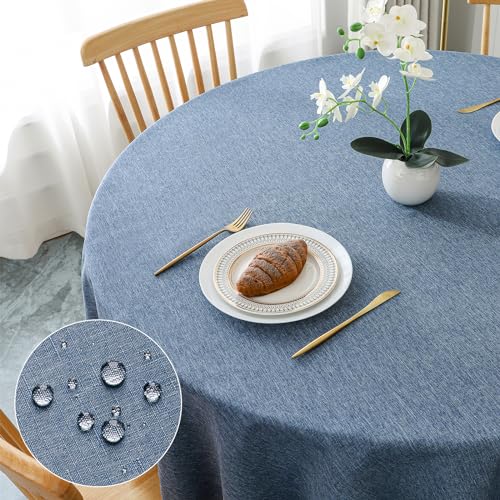 AooHome Tischdecke Rund Φ140cm, Blau Leinen-Optik Tischdecken Abwaschbar Tischtuch aus Polyester Wasserabweisend mit Lotuseffekt, Dauerhaft Kratzfest für Wohnzimmer, Esszimmer, Balkon, Garten von AooHome