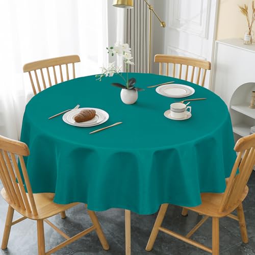 AooHome Tischdecke Rund Φ140cm, Blaugrün Leinen-Optik Tischdecken Abwaschbar Tischtuch aus Polyester Wasserabweisend mit Lotuseffekt, Dauerhaft Kratzfest für Wohnzimmer, Esszimmer, Balkon, Garten von AooHome