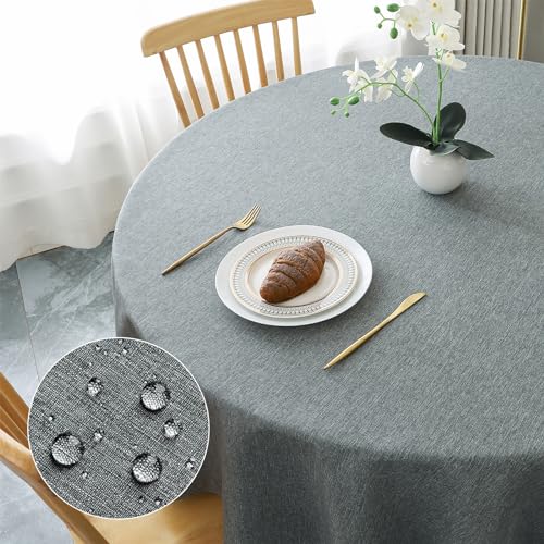 AooHome Tischdecke Rund Φ140cm, Grau Tischdecken Abwaschbar Leinen-Optik Tischtuch aus Polyester Wasserabweisend mit Lotuseffekt, Dauerhaft Kratzfest für Wohnzimmer, Esszimmer, Balkon, Garten von AooHome